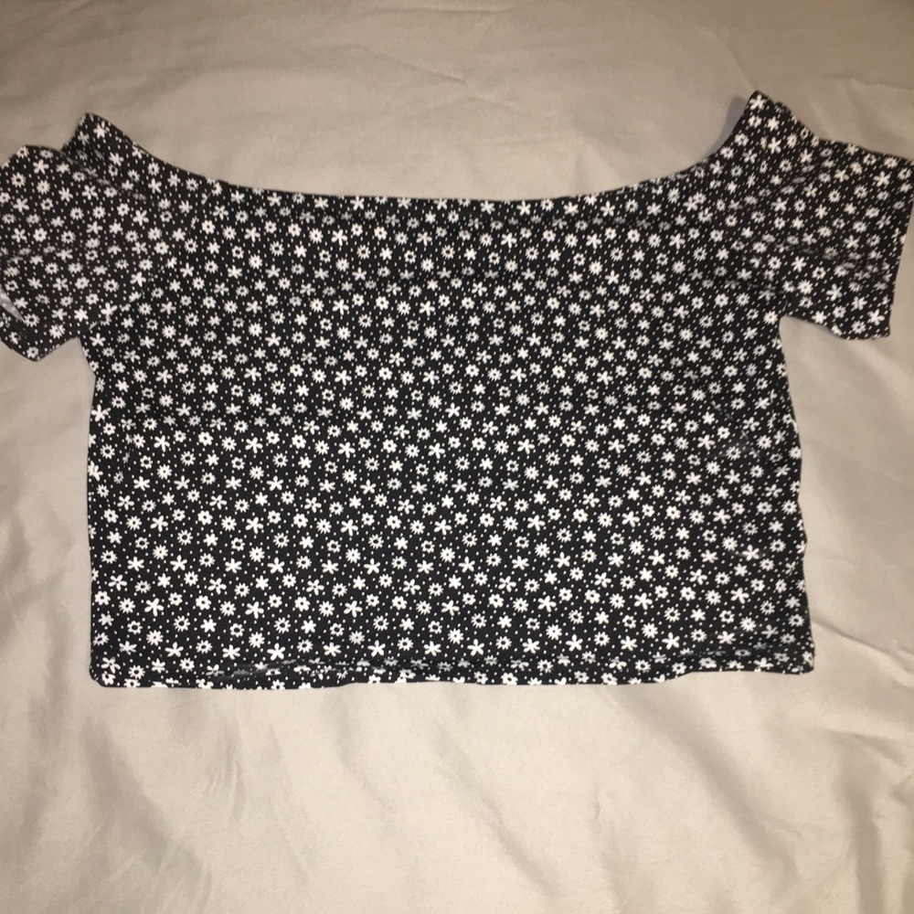 Black and white floral off the shoulder crop top